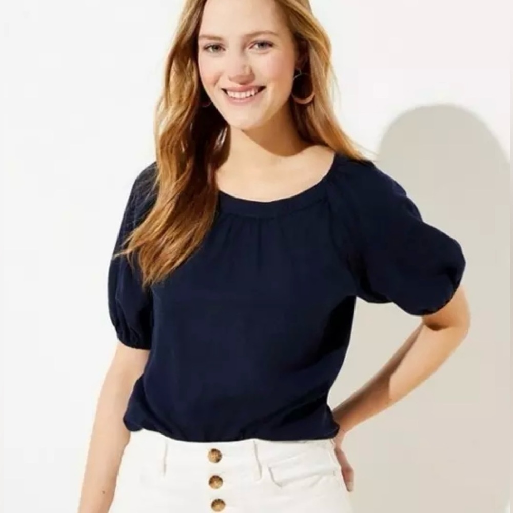 NWT Loft Linen Blend Puff Sleeve Top Small